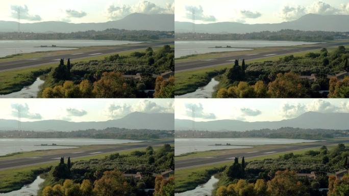 飞机和旅行概念。科孚岛机场的一条空跑道。希腊。4K