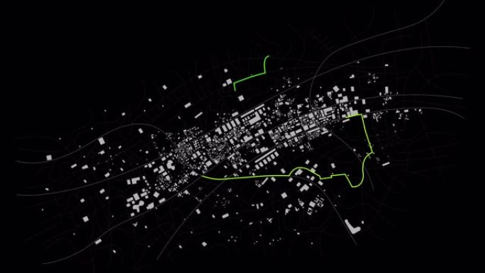 3D渲染城市地图，带全球定位系统导航器和不同颜色的路线航路点，在深色背景上带阿尔法哑光，选择聚焦浅景