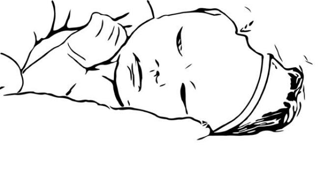 手绘，涂鸦卡通风格，可爱的小宝贝，洗完澡在床上放松，开心地微笑，白天