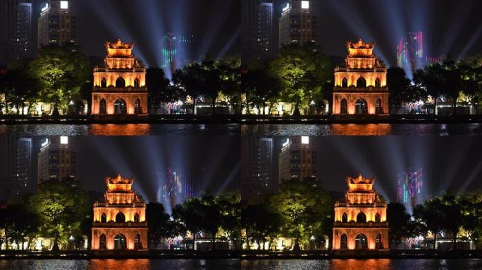 越南河内夜间的龟塔。