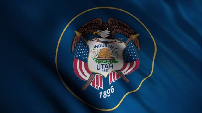 犹他州的旗帜在风中飘扬。动画。这面旗帜由犹他州的印章组成，在深蓝色的背景上被包围在一个金色的圆圈里