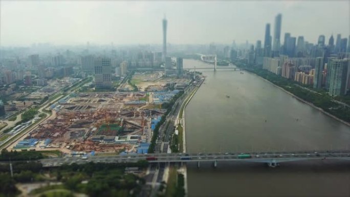 白天广州会展中心珠江空中全景倾斜移动4k中国