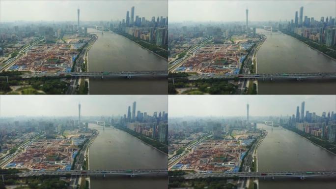 白天广州会展中心珠江空中全景倾斜移动4k中国