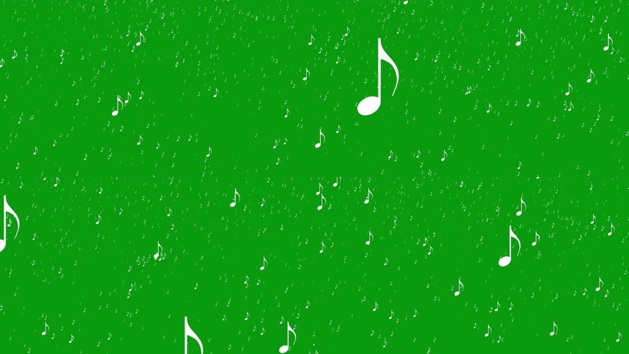 白色谱号音符像雪一样落在绿色屏幕背景上