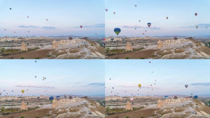 在土耳其卡帕多西亚上空飞行的延时热气球