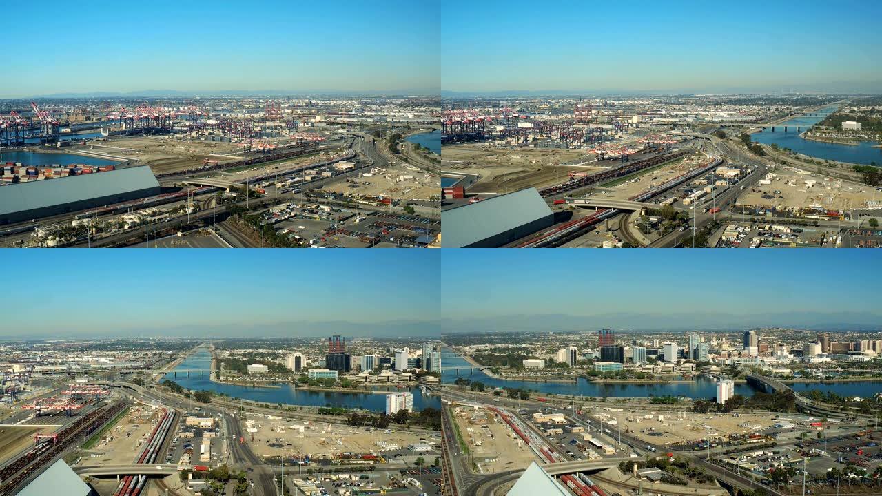 船厂v25空中飞行低空飞越大型船厂，欣赏长滩城市景观。