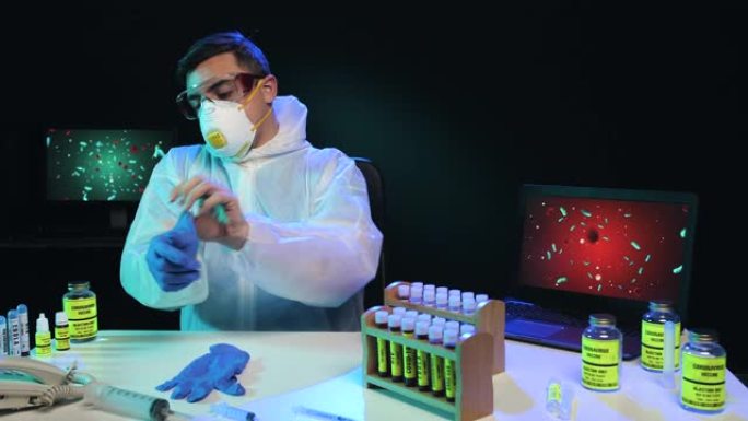 实验室科学家穿上防护服，慢动作