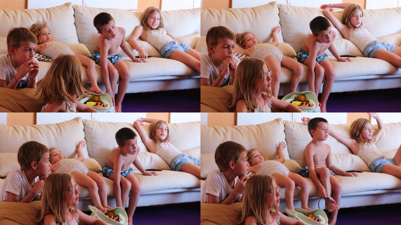 许多孩子坐在客厅沙发上看电视，孩子们在游戏室一起看电视
