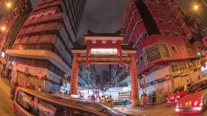 香港时间流逝4K，庙街夜市购物街的城市天际线延时
