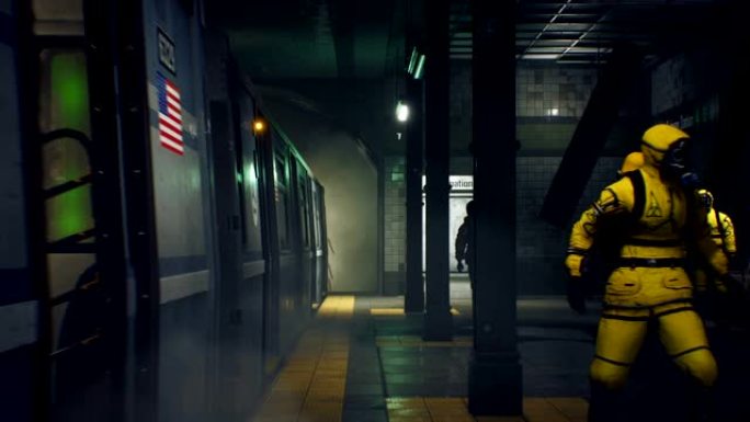 世界末日后的地铁和穿着化学防护服的人正在等待火车。启示录和地铁。全球大流行期间的后世界末日世界的概念