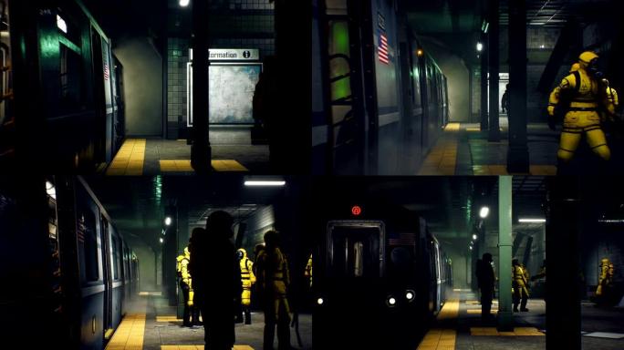 世界末日后的地铁和穿着化学防护服的人正在等待火车。启示录和地铁。全球大流行期间的后世界末日世界的概念