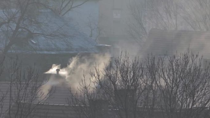 从污染大气的住宅烟囱中冒出的烟雾