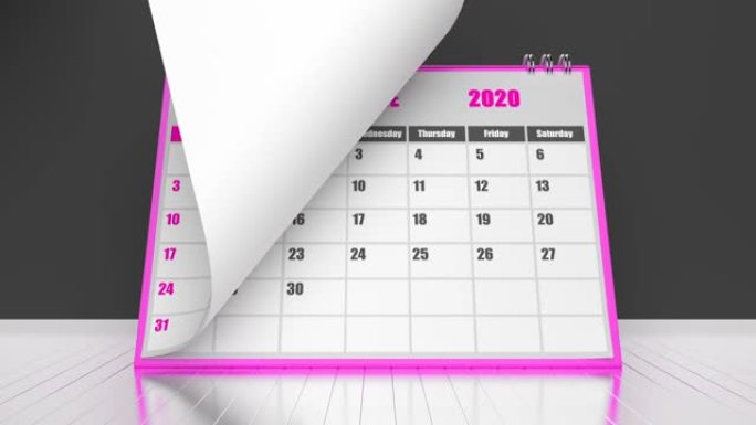 黑色背景上的粉红色日历2020年的页面