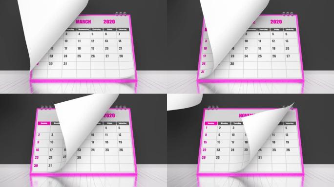 黑色背景上的粉红色日历2020年的页面
