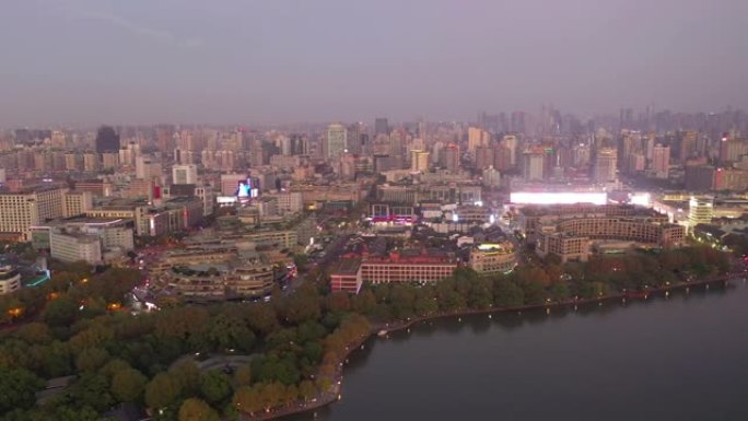 日落黄昏照明杭州市著名湖滨海湾航空全景4k中国