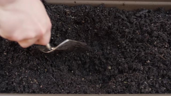 用花盆盒中的花园抹子在土壤上挖一个小洞