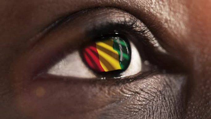 女人黑眼睛在近距离与国旗几内亚在虹膜与风的运动。视频的概念