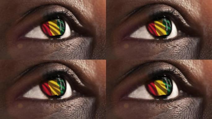 女人黑眼睛在近距离与国旗几内亚在虹膜与风的运动。视频的概念