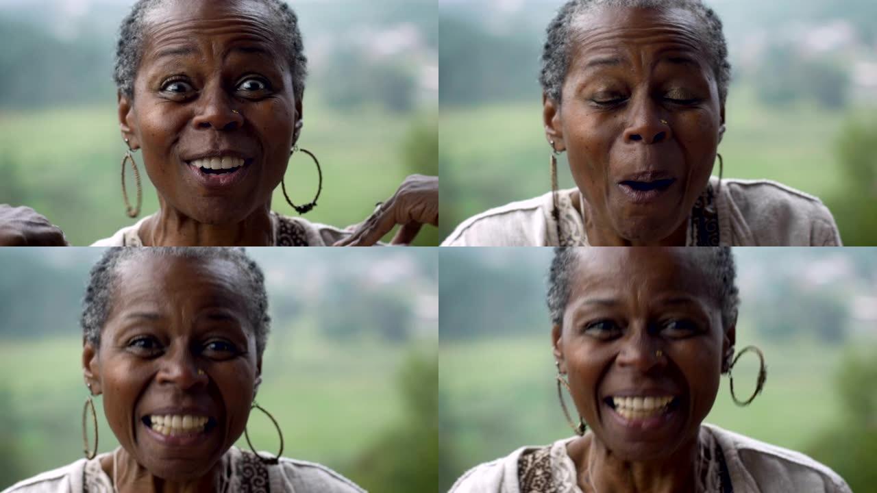 非常兴奋的快乐迷人的60多岁非洲裔美国妇女表达喜悦