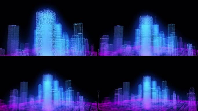 未来网商智慧城市和城市动力能源技术概念，霓虹彩城市建筑模型，3D城市带电霓虹彩光闪烁。