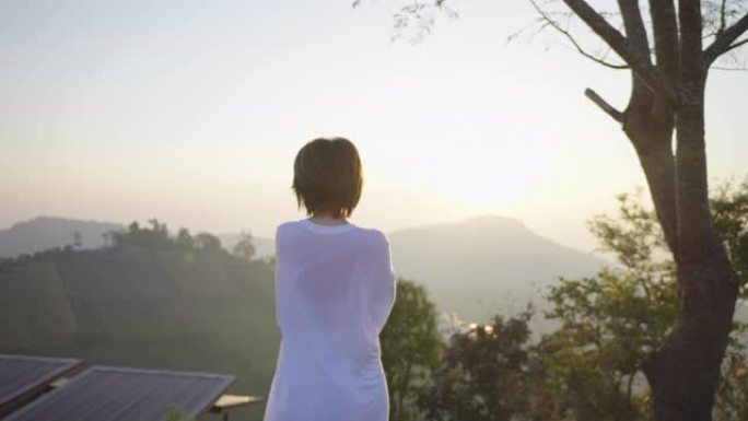 年轻女子早上好，看着风景