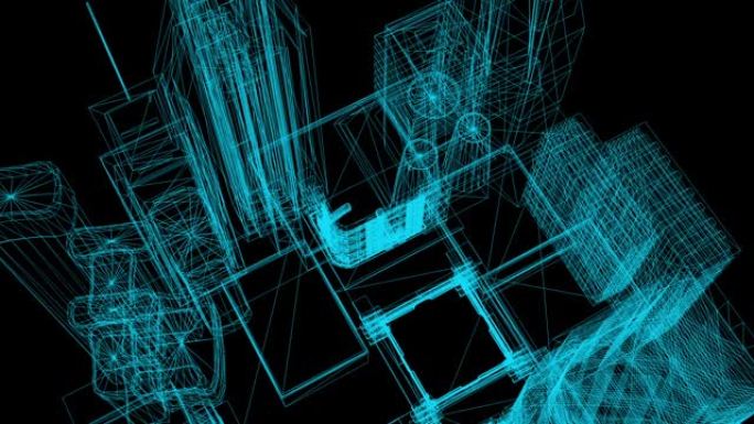 城市线框模型的动画-3D渲染