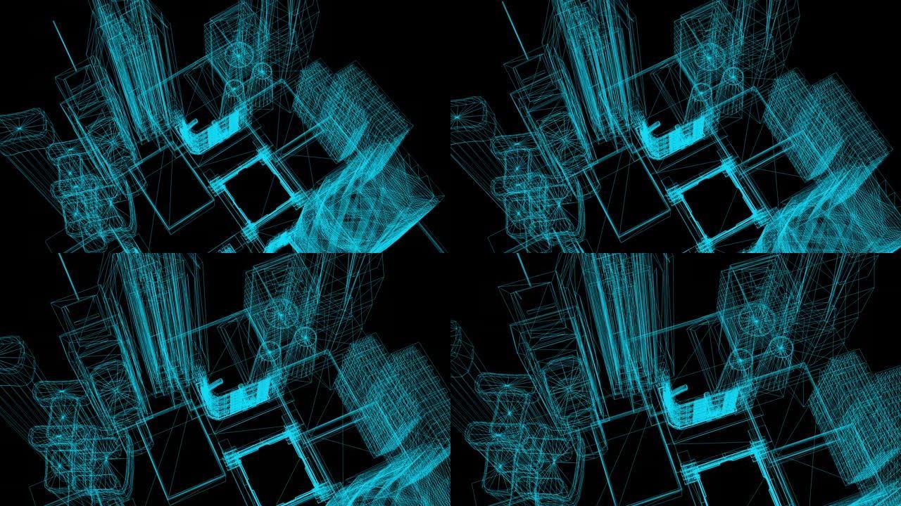 城市线框模型的动画-3D渲染