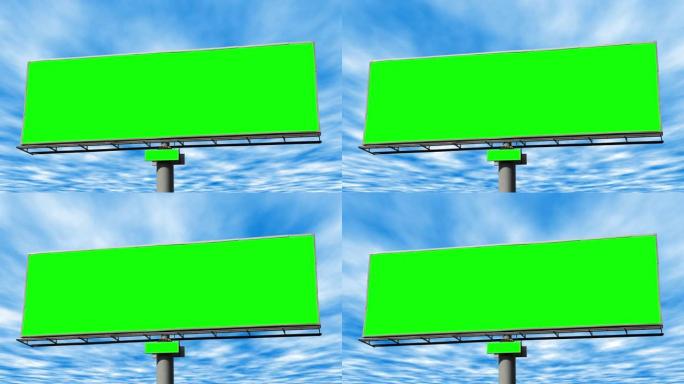巨大的路边广告牌，色度键绿色屏幕在蓝天下的时间流逝