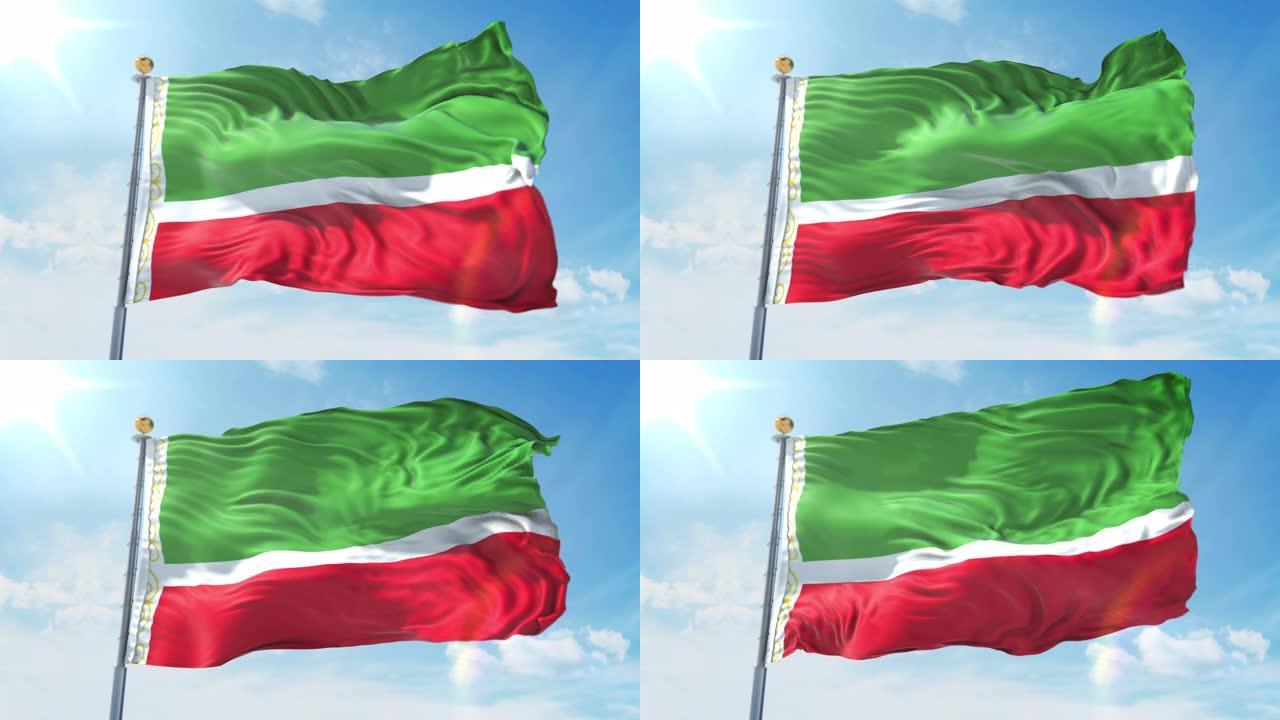 在深蓝色的天空中飘扬的车臣国旗。国家主题，国际理念。3D渲染无缝循环4K