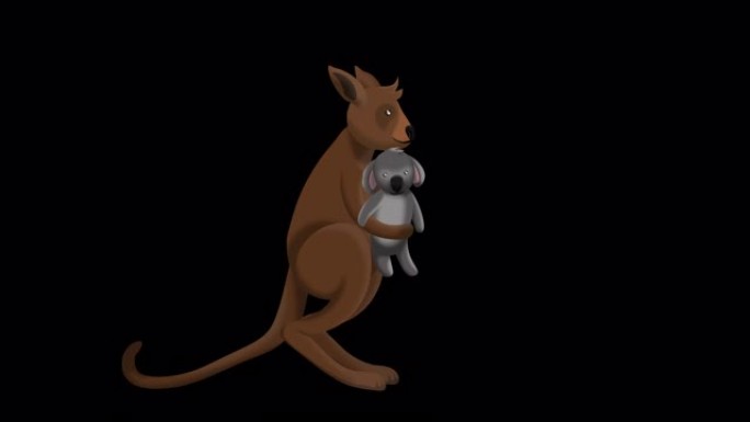 袋鼠带着一个可爱的小考拉，同时跳跃着逃生丛林大火，隔离在黑色背景上，带有alpha通道部分，2d动画