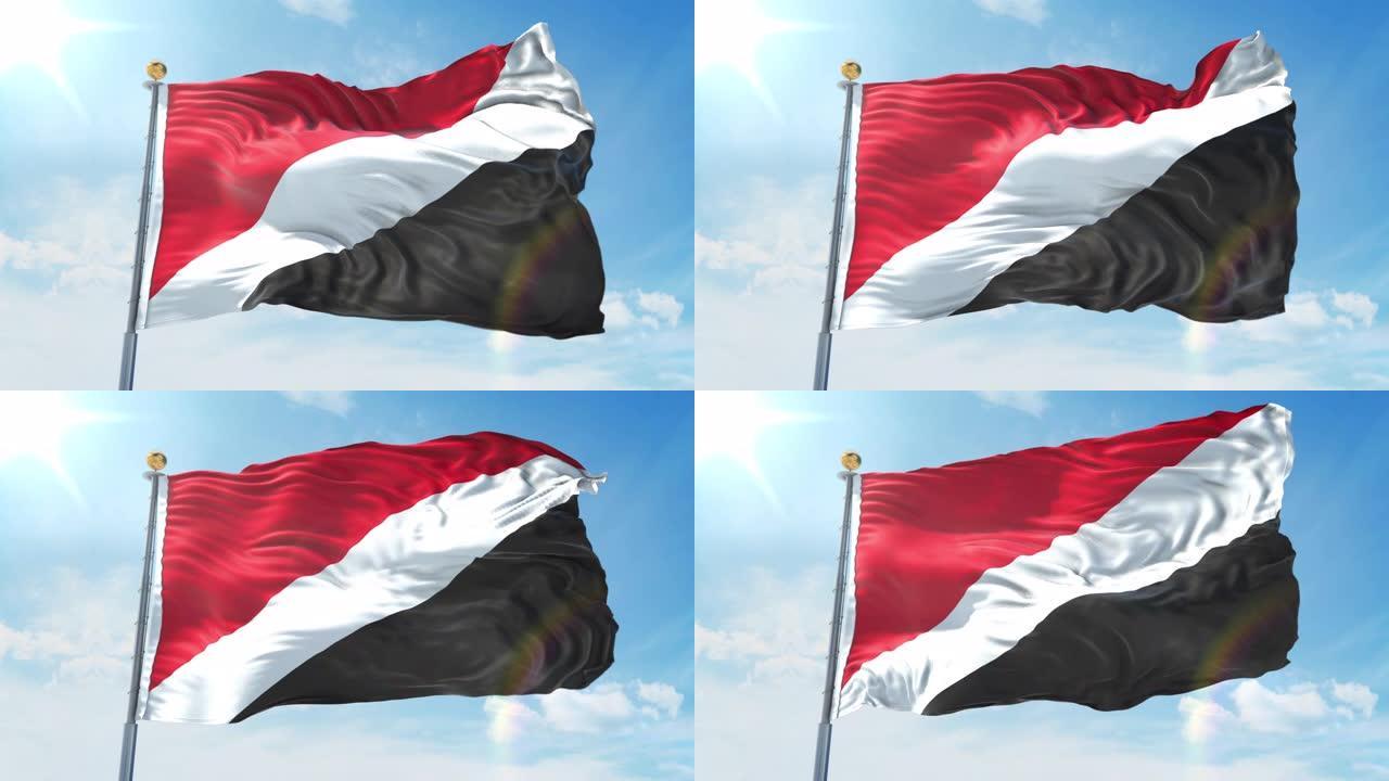 在深蓝色的天空中，海国的国旗在风中飘扬。国家主题，国际理念。3D渲染无缝循环4K