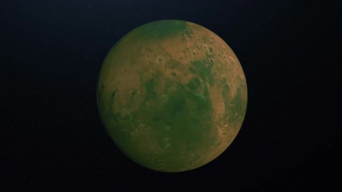 绿色星球表面的抽象动画。动画。具有火山口表面和不规则性的绿色星球在恒星空间的背景上旋转