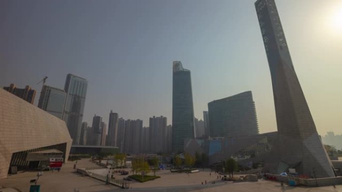 日落时间长沙市著名博物馆建筑群广场三角洲河畔海湾全景延时4k中国