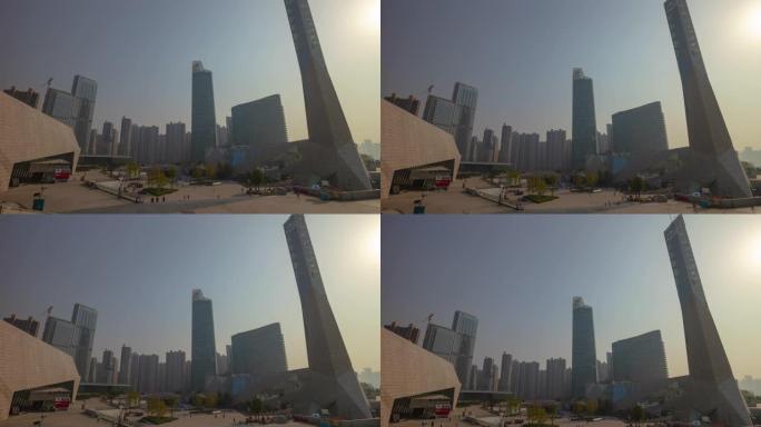 日落时间长沙市著名博物馆建筑群广场三角洲河畔海湾全景延时4k中国