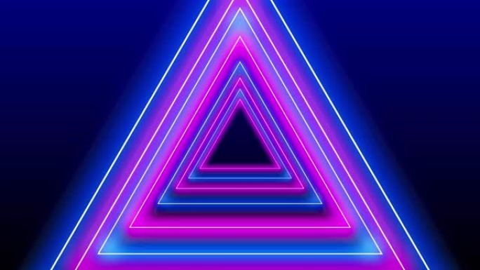 舞台霓虹灯七彩蓝色粉色三角形框架技术运动效果。未来迪斯科科技3D循环蓝色粉色激光框架舞台无缝循环背景