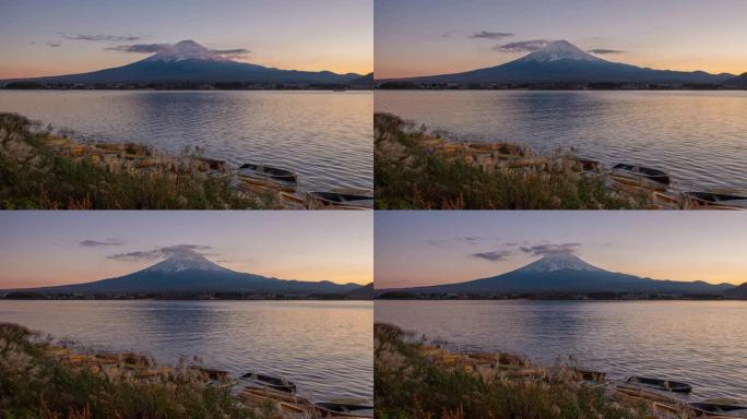 富士山的4k时间流逝，川口湖的山顶上有移动的云