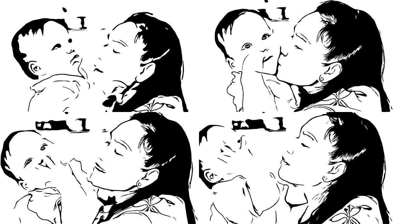 手绘，涂鸦卡通风格，亚洲单身妈妈和她的男婴玩耍和接吻