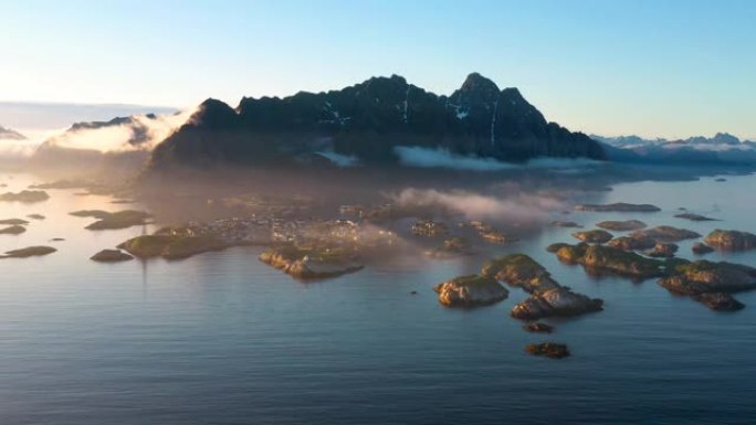 鸟瞰图。飞越Alantic海洋，并查看渔村Henningsvaer。挪威罗弗滕群岛。