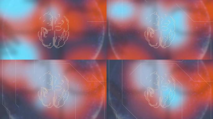 蓝红色背景和脉冲电脑电波的人脑动画3d模型。