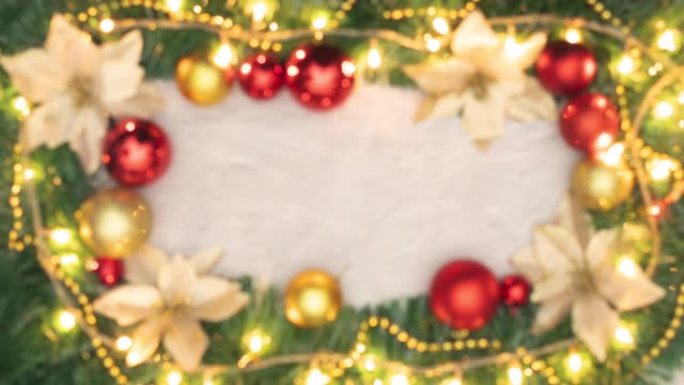 圣诞快乐框架，绿色花环、金色和红色装饰品和灯-停止运动