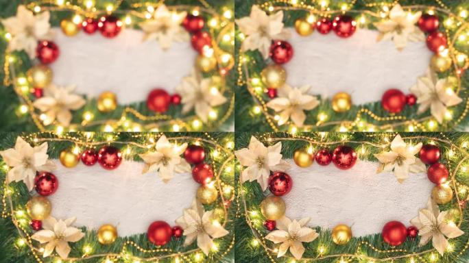 圣诞快乐框架，绿色花环、金色和红色装饰品和灯-停止运动