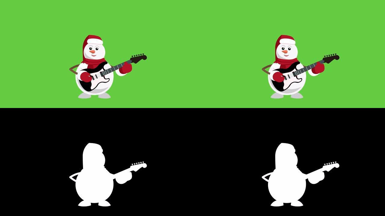 卡通小圣诞雪人平角色玩电吉他动画与哑光