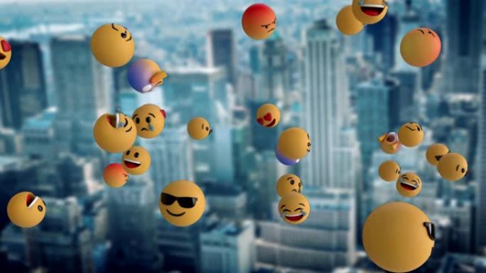 Emoji图标飞越城市景观4k