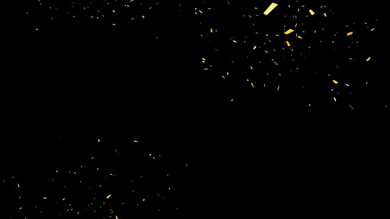 掉落的金色闪光箔五彩纸屑，黑色背景上的动画3d运动，节日和节日的有趣概念