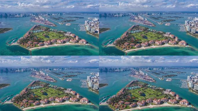 迈阿密，佛罗里达州，美国-1月2019: 空中超流4k无人机全景视图飞行在迈阿密海滩海洋海岸线。