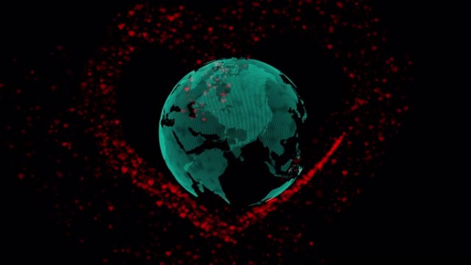 红心背景，情人节红心在黑色背景上环游世界模拟。圣瓦伦丁贺卡运动设计与爱环游世界的概念。