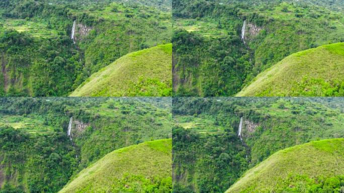 菲律宾吕宋岛上的科迪勒拉，鸟瞰图。山边的常绿森林和瀑布