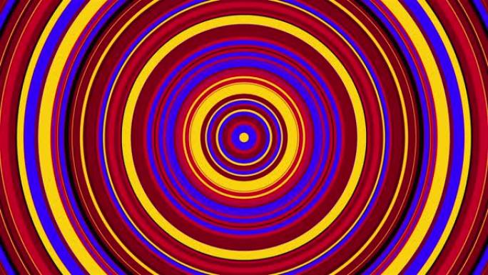 计算机生成的带有径向条纹的彩色圆圈的出现和消失。抽象过渡背景的3d渲染