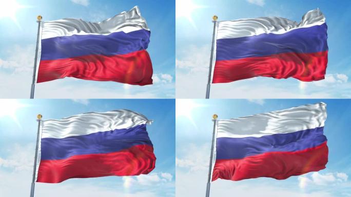 俄罗斯国旗在深蓝色的天空中迎风飘扬。国家主题，国际理念。3D渲染无缝循环4K