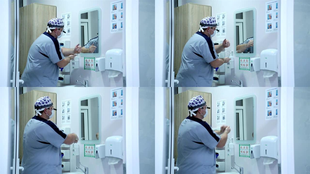 外科医生在手术前洗手。